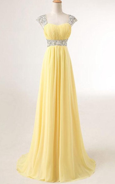 Cap Sleeves A-Line Sweep Train Chiffon Prom Dress