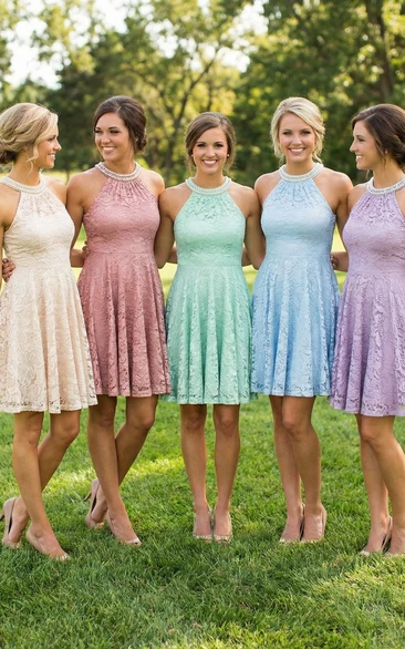 Sleeveless Short Lace Empire Waist Bridesmaid Gown