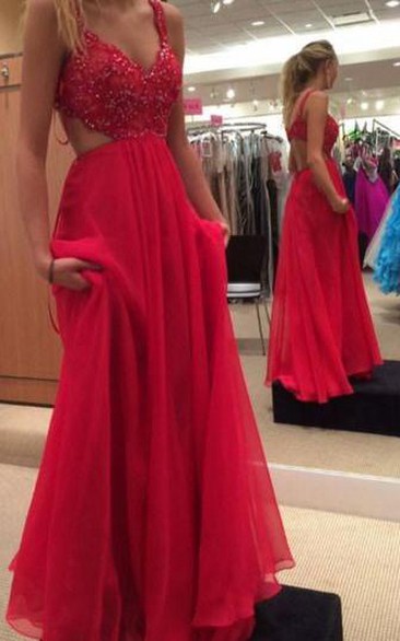 A-Line Straps Appliques Beading Hollow Floor-Length Prom Dress
