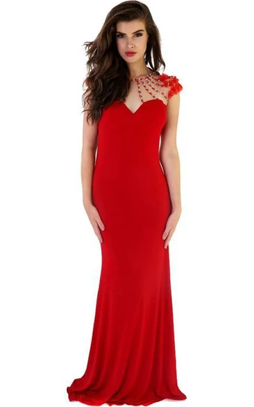 Sheath Beaded Floor-Length Cap-Sleeve Scoop Jersey Prom Dress With Keyhole Back And Flower