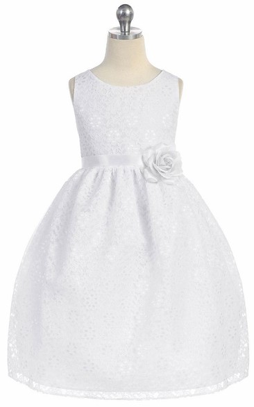 Floral Tea-Length Tiered Lace Flower Girl Dress