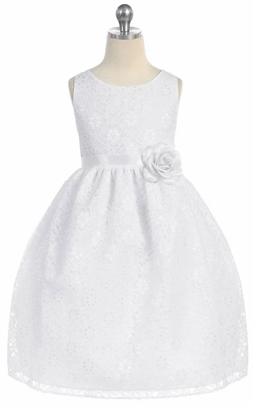 Floral Tea-Length Tiered Lace Flower Girl Dress