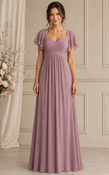 Vintage Mauve Sweetheart Short Sleeve Chiffon Bridesmaid Dress
