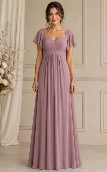 Vintage Mauve Sweetheart Short Sleeve Chiffon Bridesmaid Dress