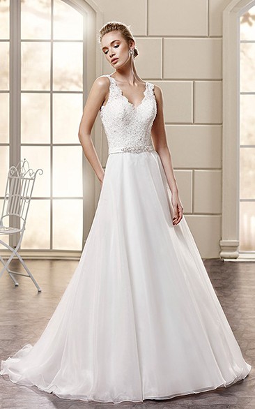 A-Line Floor-Length Appliqued V-Neck Sleeveless Lace&Satin Wedding Dress With Waist Jewellery