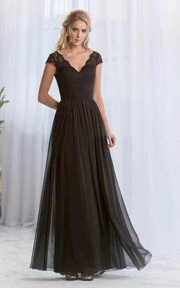 Cap-Sleeved V-Neck A-Line Bridesmaid Dress With Lace Bodice And V-Back