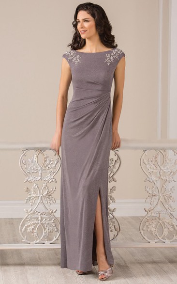 Cap-Sleeved Long Front Silted Mother Of The Bride Dress With Crystals ...