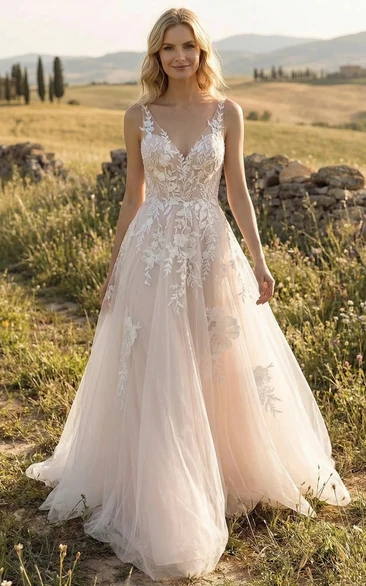 Blush Lace A-Line Wedding Dress with V-Neck and Floral Appliques