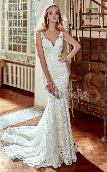 V-Neck Lace Wedding Dress With Brush Train and Open Back