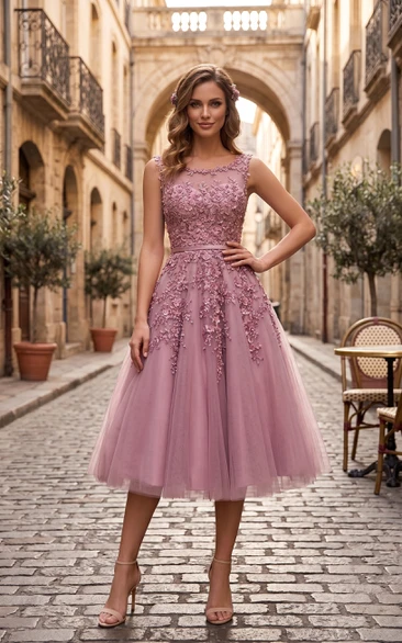 Elegant Scoop Tea Length Dress With Applique Pearls