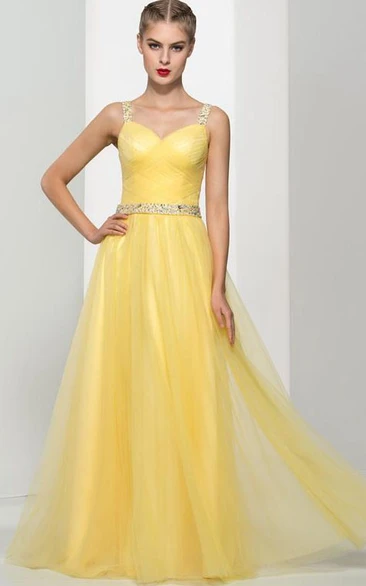 Straps Beading Pleats Hollow Prom Dress