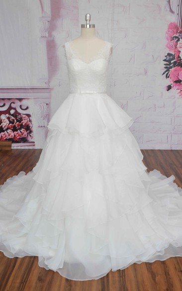 Cute Ruffle Lace Organza Sleeveless Simple Wedding Dress Ballgown With Bow And V-back