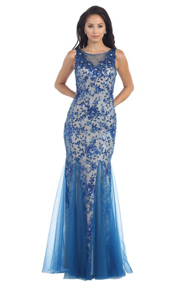 Sheath Floor-Length Bateau Sleeveless Tulle Deep-V Back Dress With Sequins