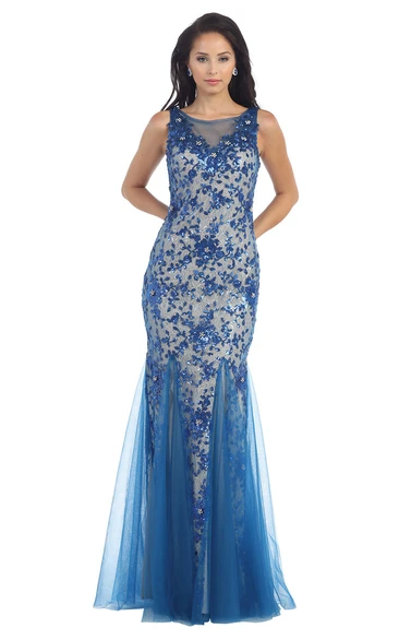 Sheath Floor-Length Bateau Sleeveless Tulle Deep-V Back Dress With Sequins