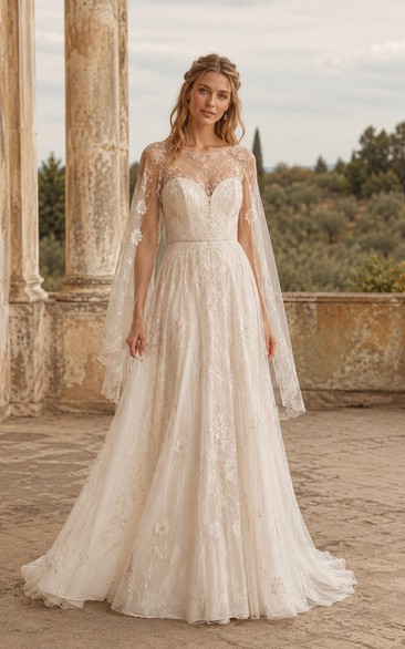 Langärmeliges Tüll-Brautkleid in A-Linie mit Spitzenoberteil