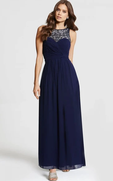 Maxi Beaded Sleeveless Bateau Neck Chiffon Bridesmaid Dress With Criss Cross