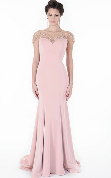 Sheath Beaded Cap-Sleeve Floor-Length Scoop-Neck Jersey Evening Dress With Bow