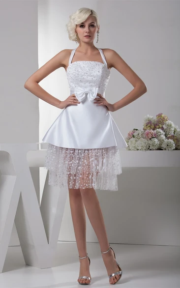 Haltered Short A-Line Satin Stress and Dress With Bow