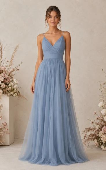 Steel Blue Tulle V-neck A-Line Bridesmaid Dress