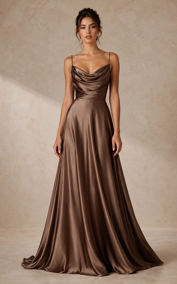 Mocha Satin Formal Dress with Cowl Neck A-Line Gown