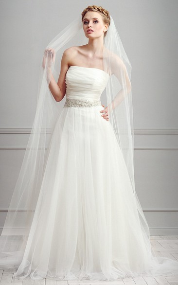 A-Line Long Sleeveless Strapless Ruched Tulle Wedding Dress With Waist Jewellery