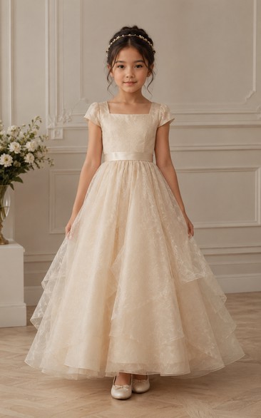 A-line Tea-length Cap Sleeve Tulle Flower Girl Dress with Ivory cap sleeves with a soft tulle skirt and bow