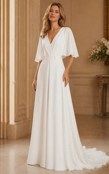 Minimalist White Chiffon Bridal Jumpsuit with V-Neck and Flutter Sleeves