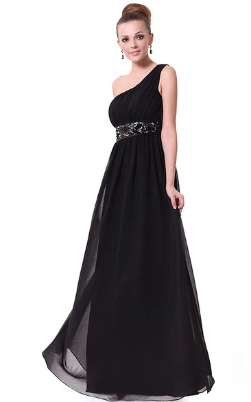 One-shoulder Floor-Length Chiffon Dress With Embroidery