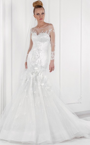 Floor-Length Mermaid Long Sleeve Scoop Neck Appliqued Tulle Wedding Dress