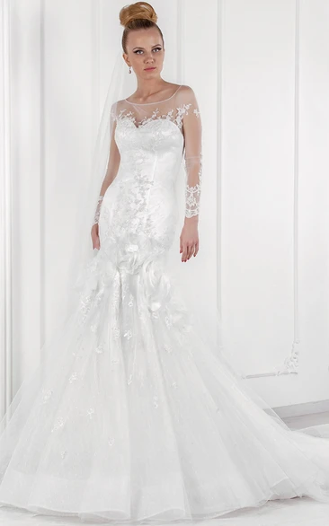 Floor-Length Mermaid Long Sleeve Scoop Neck Appliqued Tulle Wedding Dress
