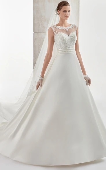 Jewel-Neck Cap-Sleeve A-Line Wedding Dress With Lace Bodice And Brush Train