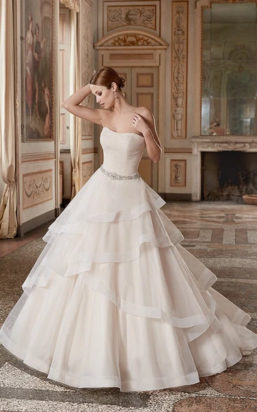 Ball Gown Tiered Strapless Floor-Length Sleeveless Organza Wedding Dress With Ruffles And Waist Jewellery