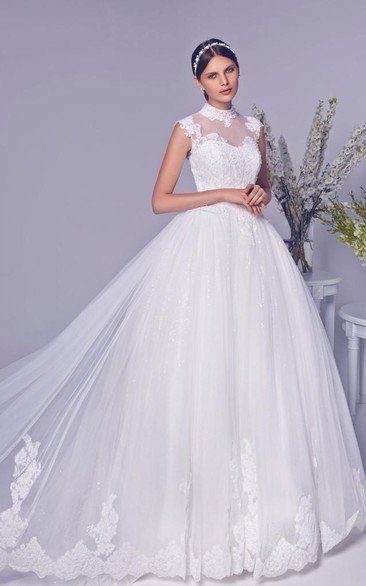 Newest Tulle Lace Appliques Princess Wedding Dress High Neck Lace-up