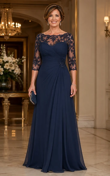 Dark Navy A-Line Lace 3/4 Sleeve Chiffon Mother Dress