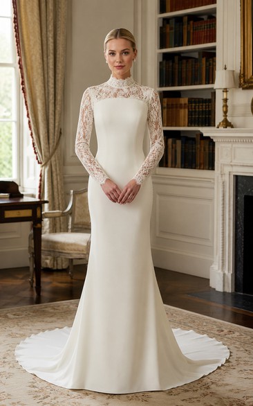 White High Neck Lace Sleeve Mermaid Vintage Wedding Dress