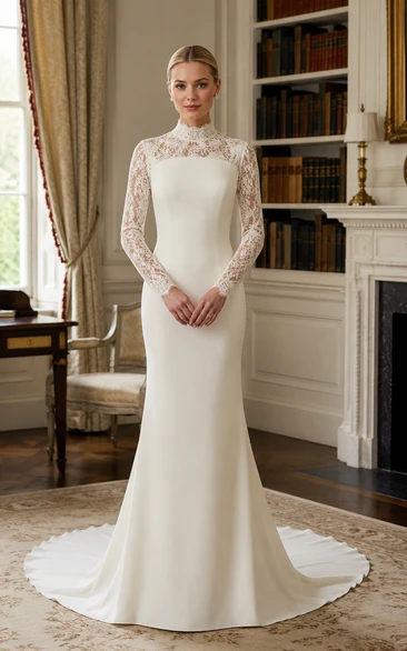 White High Neck Lace Sleeve Mermaid Vintage Wedding Dress