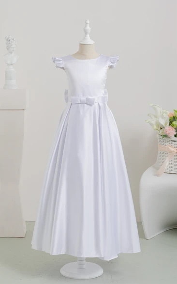 White Scoop-neck Cap Satin First Communion A-line Flowergirl Dress