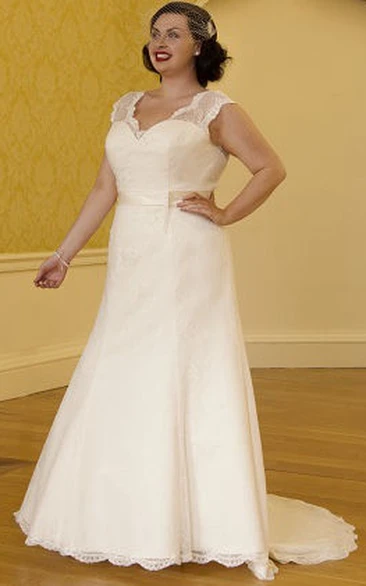 Scalloped V Neck Cap Sleeve Lace Bridal Gown With Satin Sash
