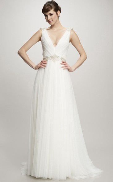 Sleeveless Ruched V-Neck Tulle Wedding Dress