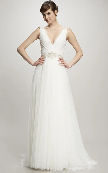 Sleeveless Ruched V-Neck Tulle Wedding Dress