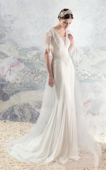 Boho Half Sleeve V-Neck Backless Lace and Tulle Vintage Wedding Dress