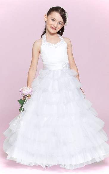 Flower Girl Beading Halter Tulle Ball Gown With Ruffled Skirt