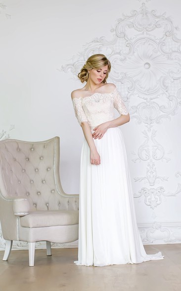 Off-the-shoulder A-line Chiffon Modest Wedding Dress With Lace Bodice