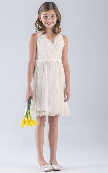 V-Neck Midi Pleated Empire Tulle&Lace Flower Girl Dress