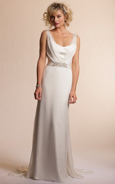 V-Neck Long Jeweled Chiffon Simple Wedding Dress With Sweep Train And V Back