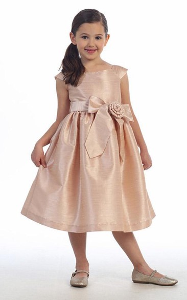 Tea-Length Cap-Sleeve Tiered Taffeta Flower Girl Dress
