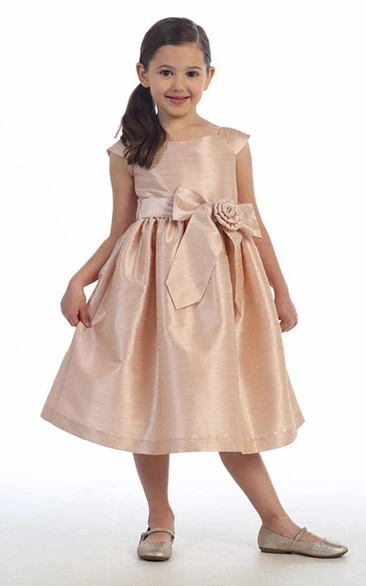 Tea-Length Cap-Sleeve Tiered Taffeta Flower Girl Dress