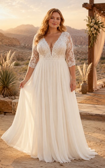 Robe de mariée grande taille à manches longues, col en V, coupe trapèze en dentelle et jupe en tulle