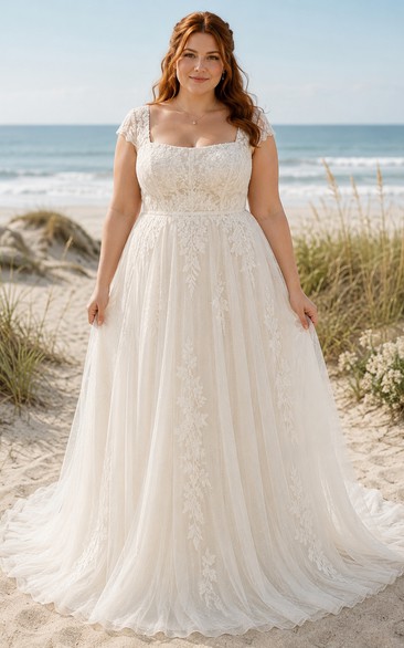Plus Size Strandhochzeitskleid in A-Linie mit eckigem Ausschnitt und Trägern aus Spitze