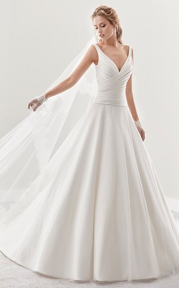 V-Neck A-Line Pleated Bridal Elegance Gown With Low-V Back And Brush Train